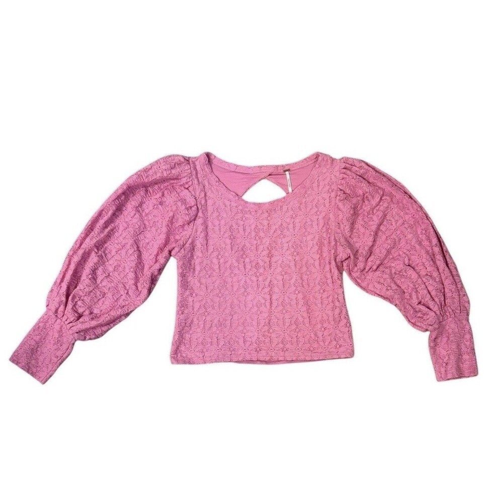 Free People Tea Time Long Puff Sleeve‎ Top Women's Size Large Plumeria Pink
